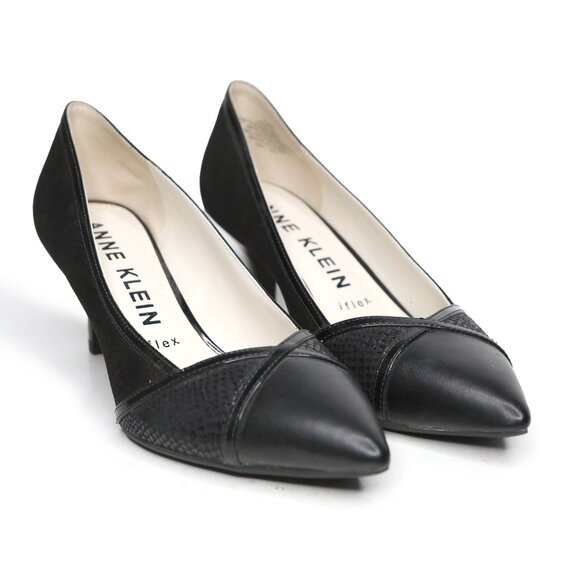 Anne Klein FLICKA Faux Suede & Leather Point Toe Pumps Office Heels Snake Black - Picture 3 of 9